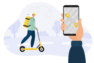 A male courier rides a yellow scooter. Fast delivery. Hand with the phone. Delivery route
