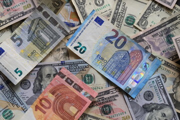 Fototapeta na wymiar Paper money from various countries. (Turkish lira, dollar, euro)