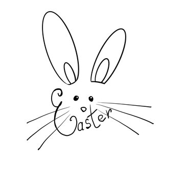 happy easter black and white bunny face with the inscription Easter isolated on a white background, text, holiday, animals, for prints, decor, packaging, design, postcards