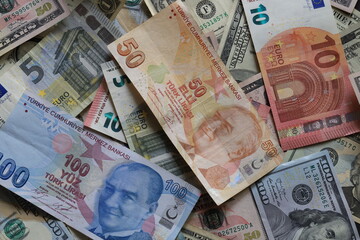Paper money from various countries. (Turkish lira, dollar, euro)