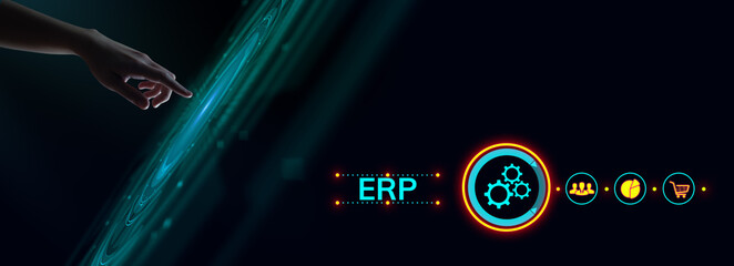 ERP Enterprise Resources planning software system business process automation concept. Hand...