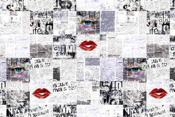Newspaper paper grunge newsprint patchwork pattern horizontal background - obrazy, fototapety, plakaty