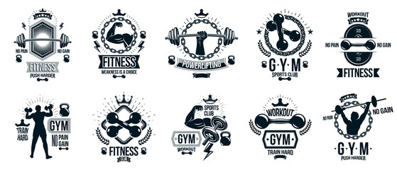 Fitness sport emblems logos or posters with barbells dumbbells kettlebells and muscle man silhouettes vector set, athletic workout active lifestyle theme, sport club or competition awards.