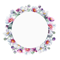 Watercolor hand drawn round frame on white background isolated. Many spring flowers: cosmos, purple anemones, anemones sylvestris. Buds sprouts leaves.  Nice frame for your rustic boho wedding design.