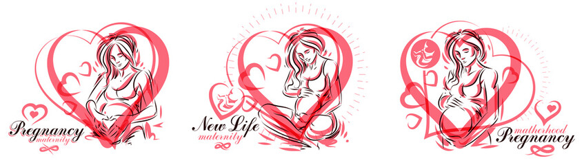 Pregnant woman vector hand drawn illustrations set isolated on white background, prenatal pregnancy baby shower theme, beautiful female motherhood new life.