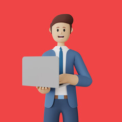 3d rendering smiling man character hold a laptop 