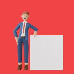 3D rendering of standing man leaning on a blank presentation 