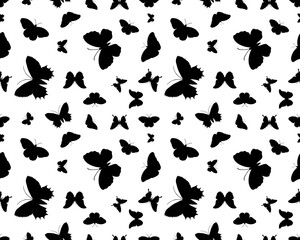 Seamless pattern with black silhouettes of butterflies on white