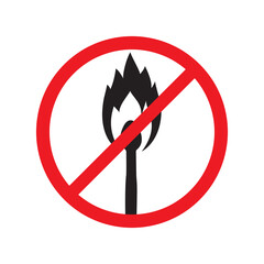 Crossed-out burning match. Red sign prohibiting making a fire. Strict graphic vector icon isolated on white background.