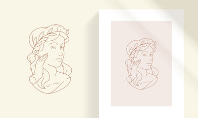 Elegant tender female with olive leaves wreath on head line art style vector illustration.