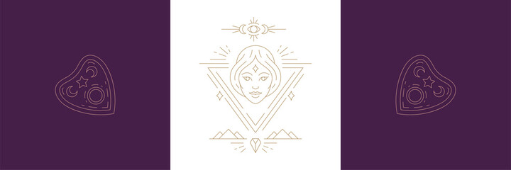 Magic woman face and ouija board pointer in boho linear style vector illustrations set.