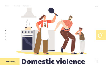 Domestic violence concept of landing page with angry wife and mother screaming at dad and kid