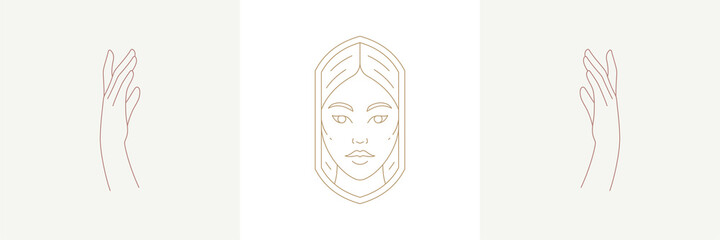 Magic woman with hairstyle and praying female hands gestures in boho linear style vector illustrations set.