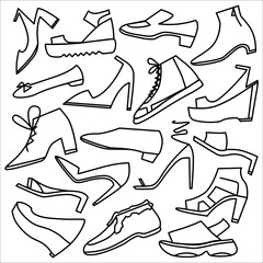 A set of women's shoes of various shapes and styles. Linear vector flat illustration.