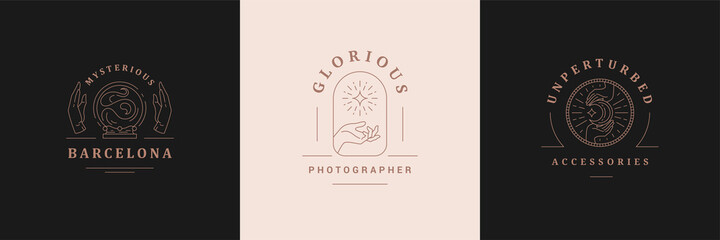 Magic logos emblems design templates set with mystic moon and female hands vector illustrations minimal linear style