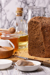 Fresh homemade rye bread on the kitchen table