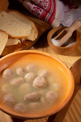 Fresh hot buckwheat dumplings in chicken broth.