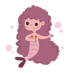 A cute little mermaid with pink curls. Delicate pastel color. Vector illustration in cartoon children s style. Baby print for girls. Funny character art.