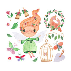 Set of watercolor illustrations with a fairy, flowers, butterflies and birds