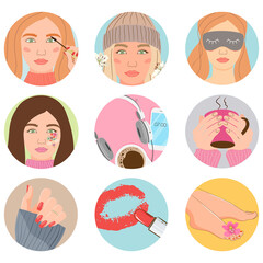 Girl icons highlights for story, social media set. Vector illustration.