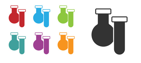 Black Test tube and flask chemical laboratory test icon isolated on white background. Laboratory glassware sign. Set icons colorful. Vector