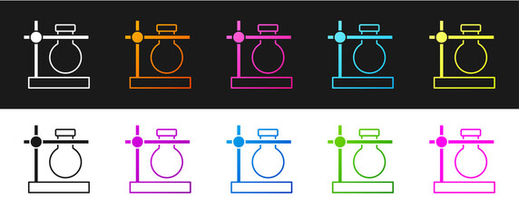 Set Glass test tube flask on stand icon isolated on black and white background. Laboratory equipment. Vector