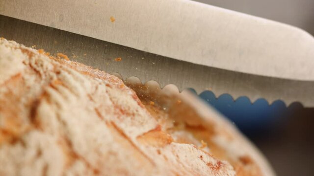 Close up shot slicing fresh bread in slow motion