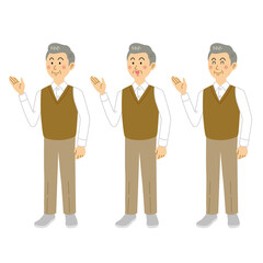 紹介ポーズするおじいさん