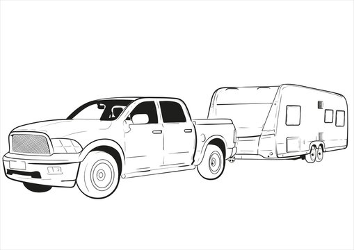 cartoon car with caravan pick up empty sketch drawing
