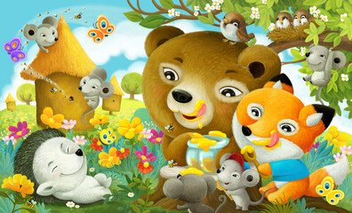 Fototapeta premium cartoon scene with animals friends eating honey