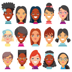 diverse female faces.  women with different skin color, ethnicity, age, hair styling, face type.  avatars with diverse stylish female characters isolated on white background. flat vector illustration