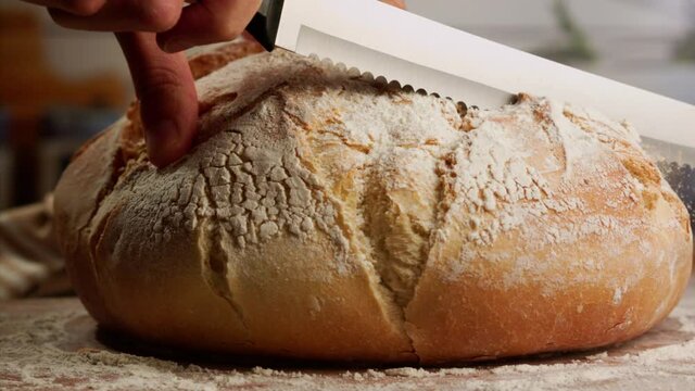 Close up shot slicing fresh bread in slow motion