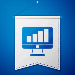 Blue Computer monitor with graph chart icon isolated on blue background. Report text file. Accounting sign. Audit, analysis, planning. White pennant template. Vector