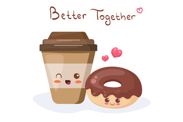 Kawaii cartoon chocolate donut and coffee characters with funny face. Cute happy food mascot vector illustration isolated on white. Kids menu, t-shirt print, card concept. Smiling face food emoji.
