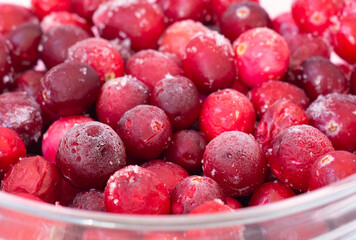Frozen lingonberry berries close-up on a white background.