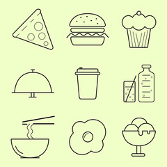 Food icons and symbols vector set, seamless illustration designs. Water bottle and glass, straw, burger, pizza, coffee, tea mug. Collection of food designs