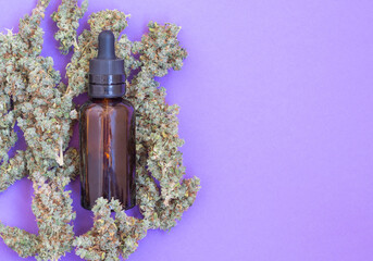 bottle with cannabis oil on a green background. CBD THC extract and medical cannabis inflorescence.
