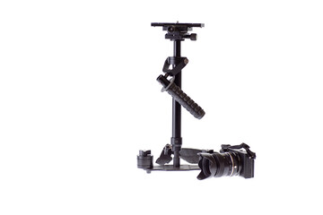 Mechanical steadicam with camera on white background