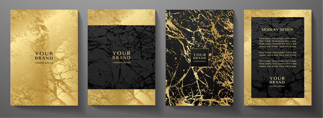 Modern black and gold cover, frame design set. Creative premium abstract with marble texture (crack) background. Luxury vector collection for catalog, brochure template, magazine layout, luxe booklet - obrazy, fototapety, plakaty