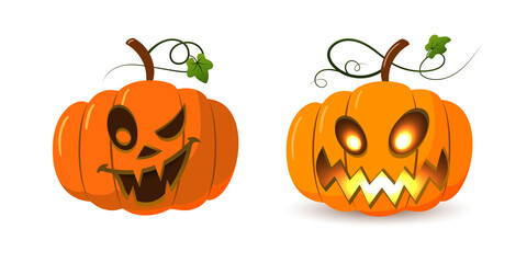 Halloween pumpkin icon set. Autumn symbol. 3D design. Halloween scary pumpkin face, smile, candle light, leaf. Orange squash silhouette isolated white background. Cartoon colorful Vector llustration