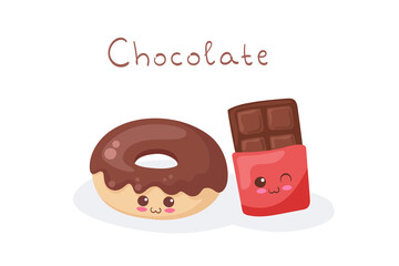 Kawaii funny cartoon chocolate donut and choco bar characters. Cute happy food mascot vector illustration isolated on white background. Kids menu, fabric print, card concept. Smiling comic food emoji.