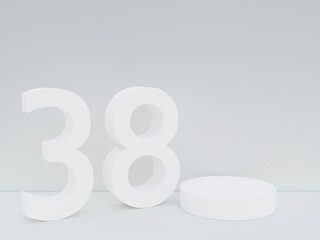 Scene with podium for mock up presentation in white color, minimalism style and number 38 with copy space, 3d render abstract background