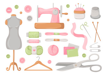 Seamless pattern with sewing and knitting tools, drawn in cartoon style for tailor shop. Delicate pink vector background. Fashion illustration with a set of objects, the profession of a draper. 