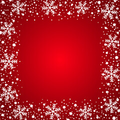 Snow border frost frame. Christmas texture, isolated on red background. Snowflake abstract effect. Holiday border, silver glitter. Blizzard design. Winter snow fall decoration Vector illustration