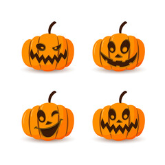 Halloween pumpkin icon 3D set. Autumn symbol. Cartoon horror design. Halloween scary pumpkin face, smile. Orange squash silhouette isolated white background. Harvest celebration Vector llustration