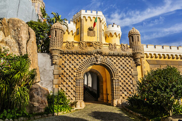 Fragment of Pena National Palace (Palacio Nacional da Pena) - Romanticist palace in Sao Pedro de...