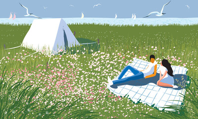 Couple relaxing on a blooming meadow of the lake shore on a summer sunny day. Vector EPS10 - 431691169