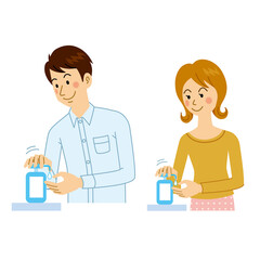 手を洗剤で洗う男女