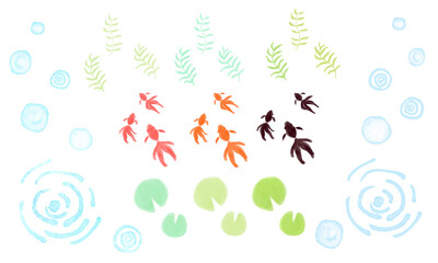 夏の涼しげな金魚の水彩イラストアイコンセット ベクター