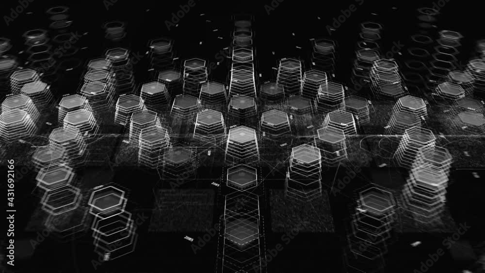 Poster futuristic animation with hexagons. animation. many 3d hexagons in cyberspace form texture. hexagons
